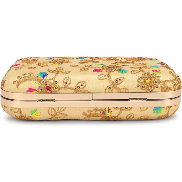 Elegant Gold-tone Box Clutch with Detachable Chain - Zari Embroidered Design - Picture 5 of 7